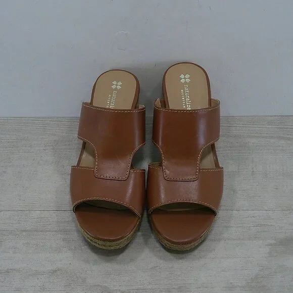 Naturalizer Evette Cognac Leather Slides Platform Wedge Peep toe Sandals 12 Wide - Picture 5 of 14